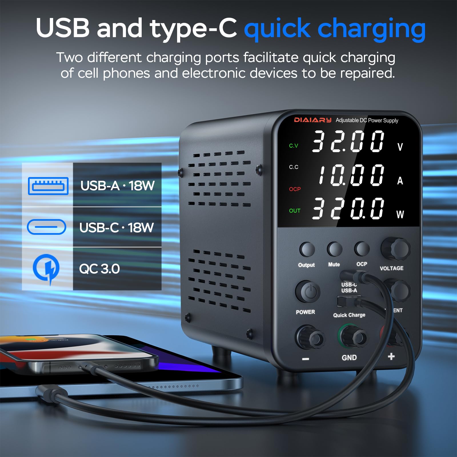 DC Power Supply Variable, 32V 10A Bench Power Supply with Encoder Knob, 4-Digits Display, Adjustable Regulated lab Power Supply with 5V 3.6A USB & Type-C Quick-Charge, Output Switch