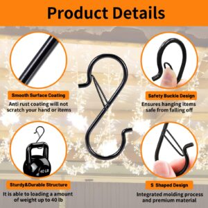 12 PCS S Hooks for Hanging with Safety Buckle, 3.5 inch Heavy Duty Metal S Shaped Hooks for Kitchen Utensil, Cups, Pots, Plants, Bags, Hats (Black)