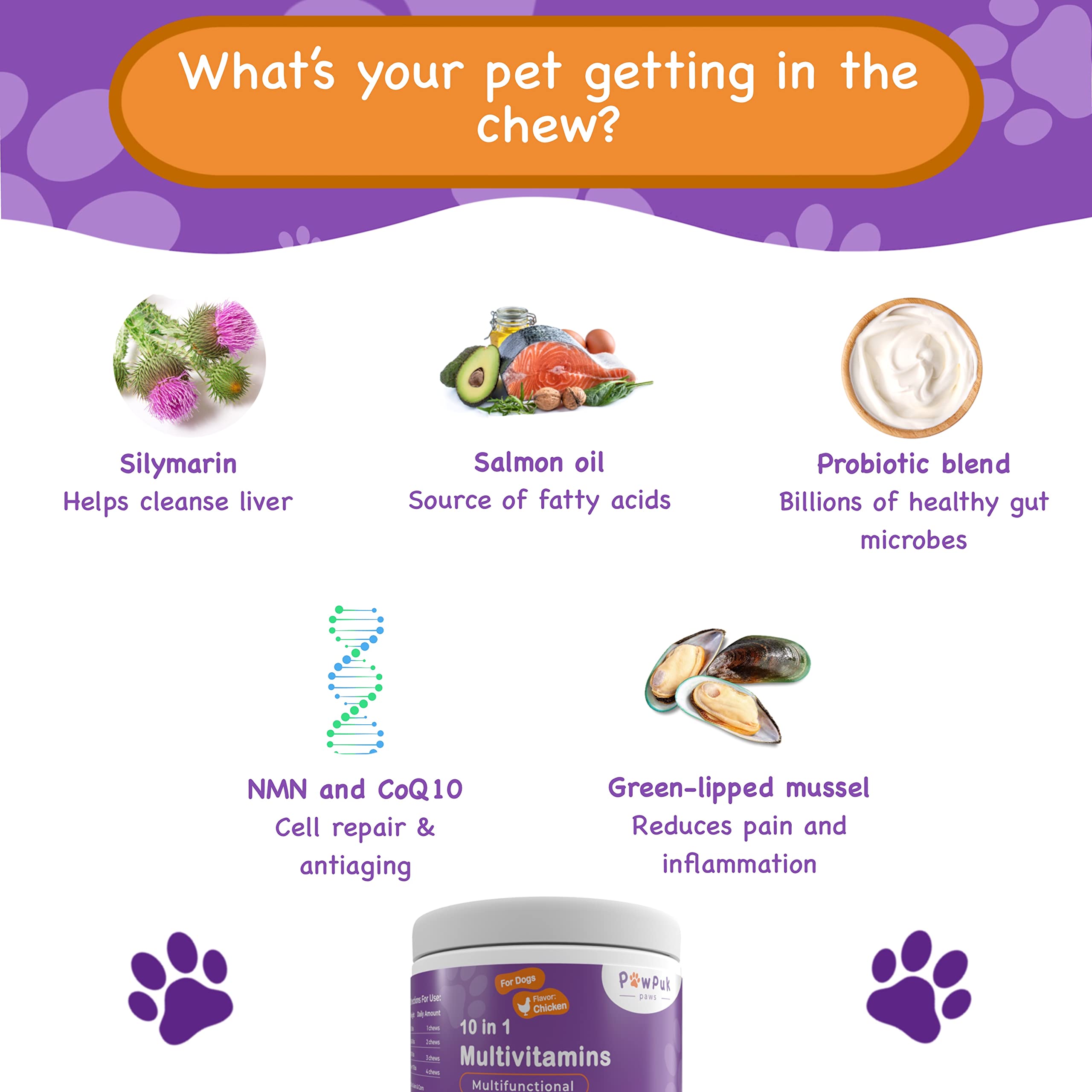 PawPuk Paws Multifunctional Dog Supplements and Vitamins, Silymarin, Green Lipped Mussel, Glucosamine, MSM, Salmon Oil, Probiotics, Co-Q10, NMN, Antioxidant, Immune, Gut, UTI, Radiant Skin & Coat