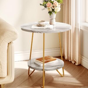 LITTLE TREE 2 Tier Faux Marble End Table Round Side Table with Shelves Small Coffee Accent Table for Living Room, White and Gold