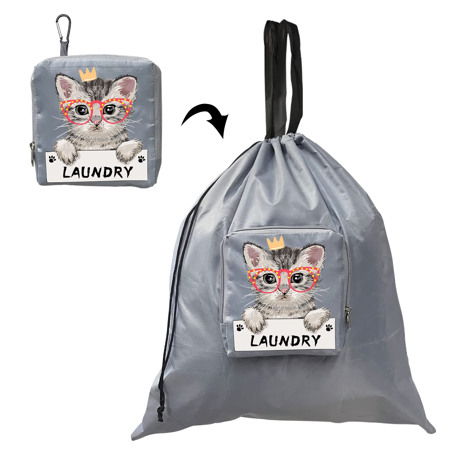 Cute Cat Travel Laundry Bags - Canvas Dirty Clothes Bag with Handle and Carabiner - Expandable to 24''l x 21''w - Great for Traveling - Cat Gifts for Women - Travel Laundry Bags for Dirty Clothes