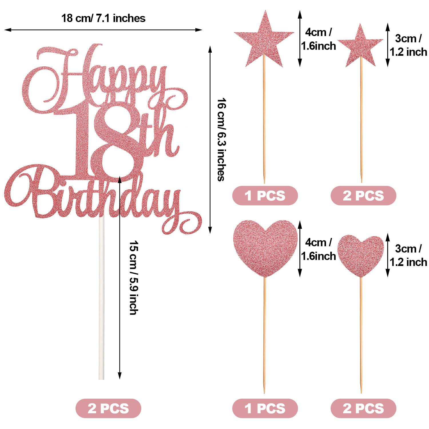 18th Birthday Cake Decorations Set Include 18th Birthday Candles Numeral 18 Cake Candles and Happy 18th Birthday Cake Toppers with Heart Star Cupcake Picks for Birthday Party (Rose Gold Series)