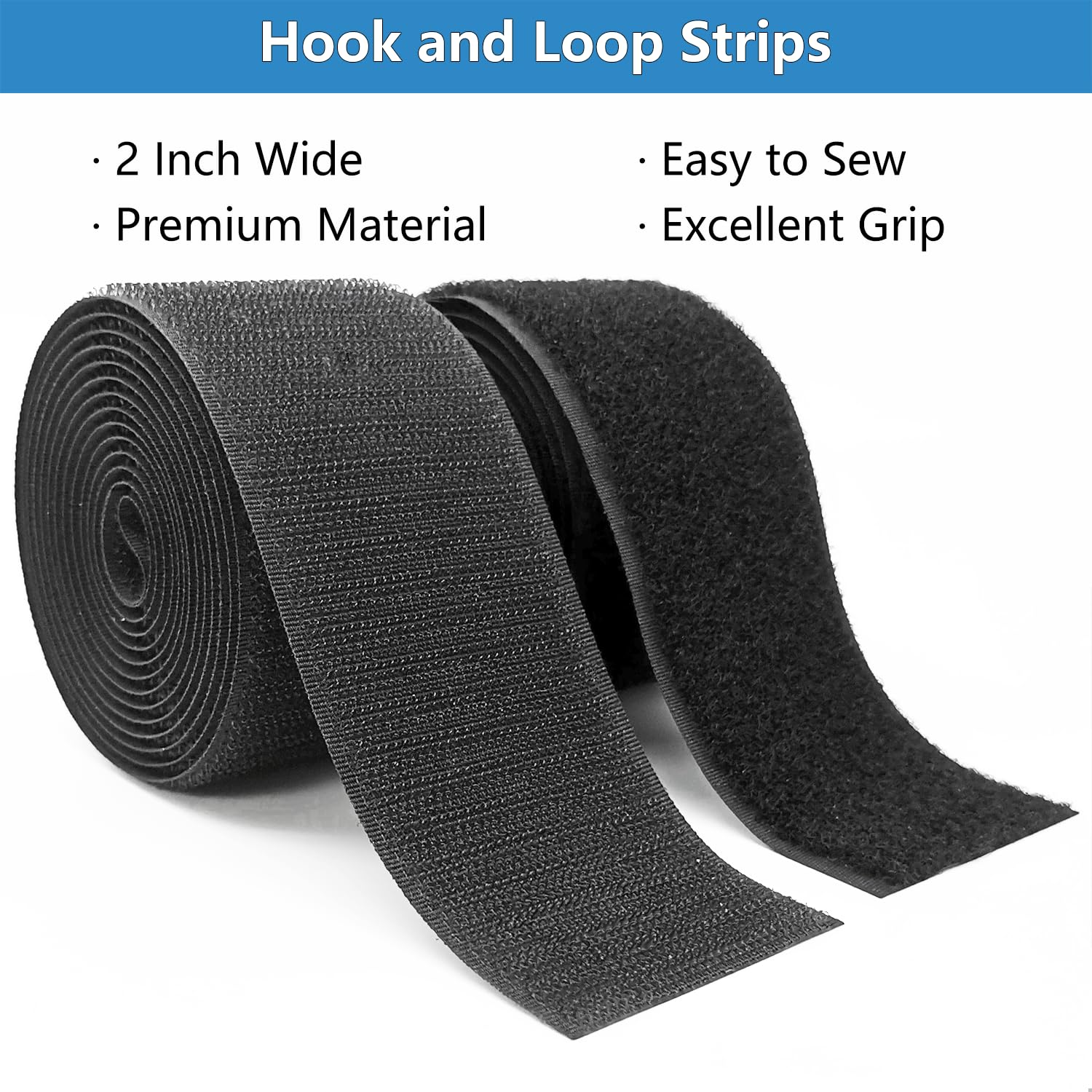 Matenf Sew On Hook and Loop Strips, 2 Inch Wide, Easy to Sew, Excellent Grip, Non-Adhesive, Interlocking Tape, Hook & Loop Tape for Clothing Sewing Crafts and DIY Projects, Each Roll 2'' x 6', Black