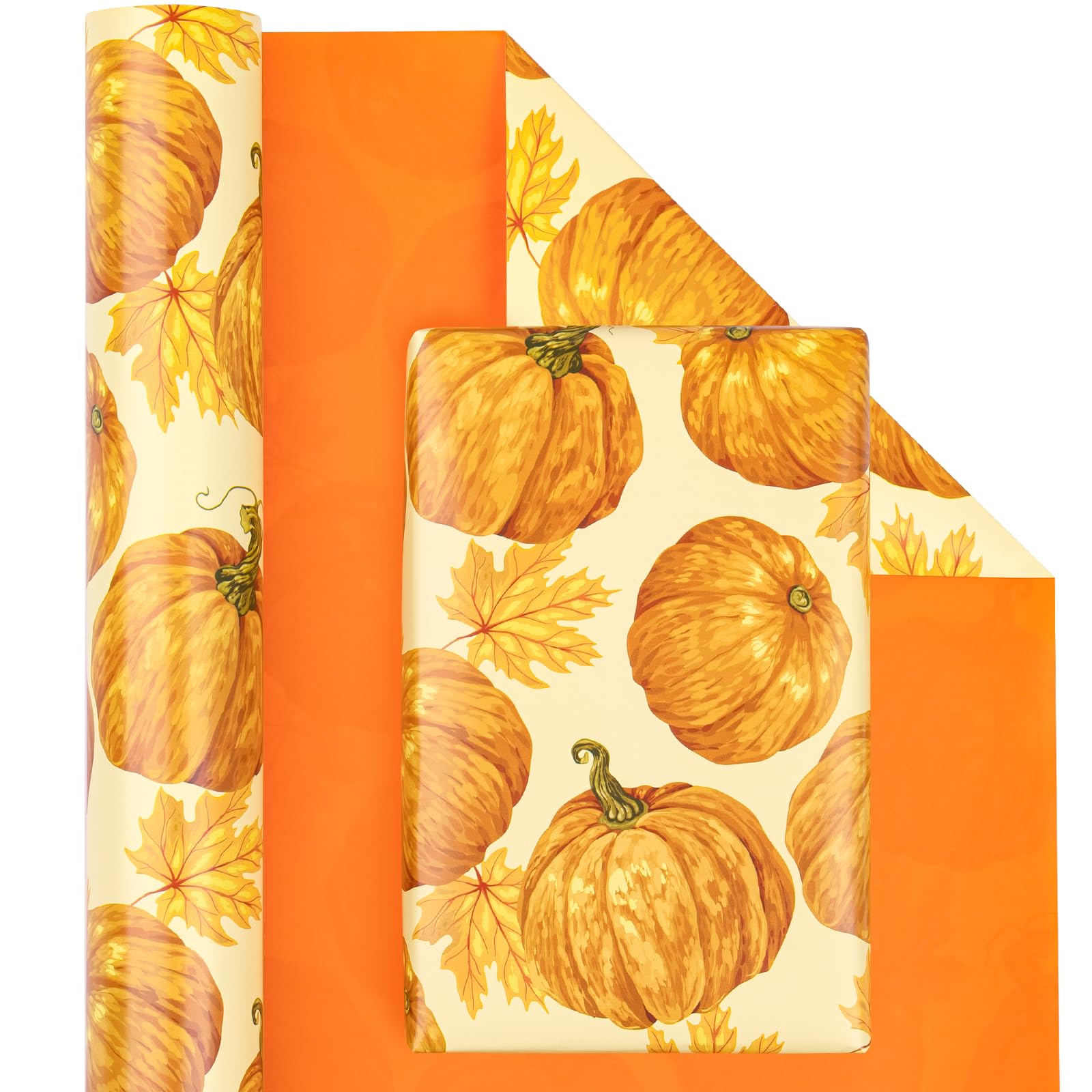 WRAPAHOLIC Reversible Autumn Wrapping Paper - Mini Roll - 17 Inch X 33 Feet - Pumpkin and Maple Leaves Print Design for Birthday, Holiday, Baby Shower