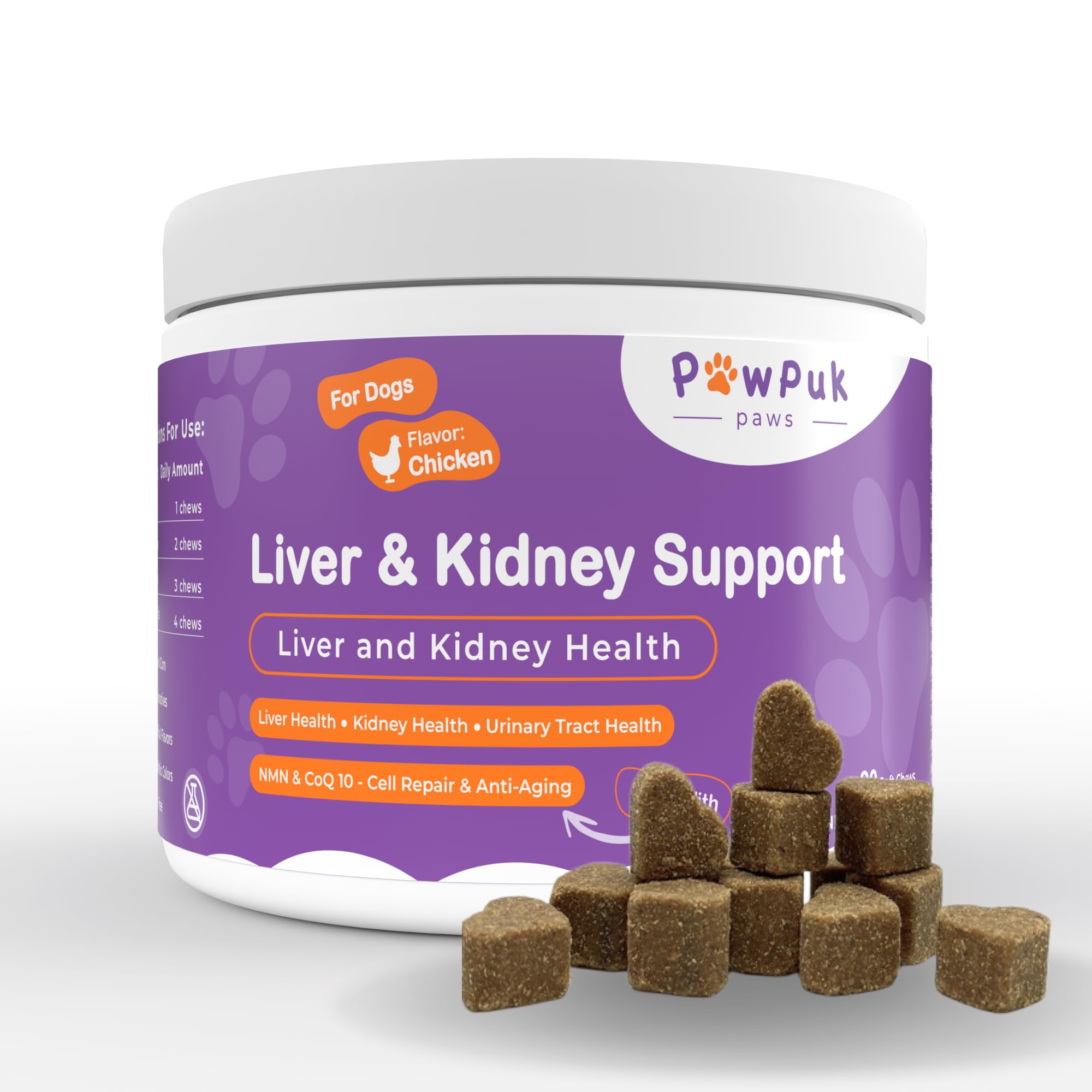 PawPuk Paws Liver & Kidney Vitamins Supplements for Dogs, SAM-E & Silymarin - Liver Function, NMN & CoQ10 - Anti-Aging, Rehmannia & Rhubarb - Natural Herbal Kidney Support, Cranberry - UT Health