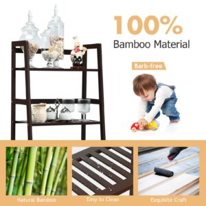 COSTWAY 4-Tier Ladder Shelf, Bamboo Plant Stand Rack, Freestanding Bookshelf, Multifunctional Storage Shelves, Flower Stand Rack Holder for Garden, Balcony, Living Room, Bedroom (Coffee)