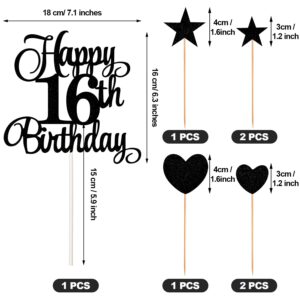 16th Birthday Cake Decorations Set Include 16th Birthday Candles Numeral 16 Cake Candles and Happy 16th Birthday Cake Toppers with Heart Star Cupcake Picks for Birthday Party (Black Series)