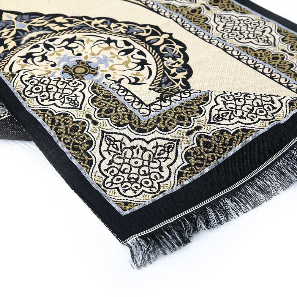 ESERRA Muslim Prayer Rug, 99 Prayer Beads and Prayer Cap Included, Prayer Mats Muslim for Praying Men, Women, and Kids, Prayer Set, Prayer Rugs Islam (Black)