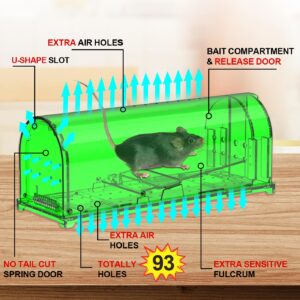 4 Pack 93 Holes Humane Mouse Traps Indoor for Home/Outdoor, Live Catch and Release Mice Traps, No Kill Mouse Catcher, Easy to Set and Reusable Humane Trap, Safe for Families and Pets