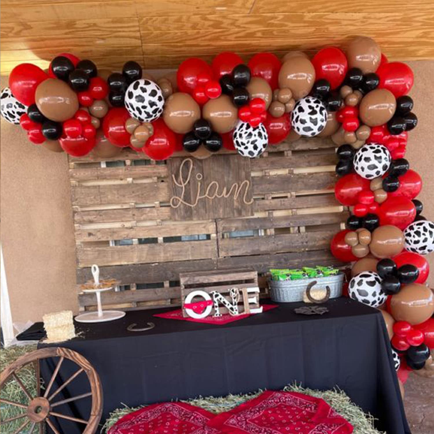 157Pcs First Rodeo Balloon Garland Arch Kit - First Rodeo Party Decorations Backdrop with Black Red Khaki Cow Printed Balloon for CowBoy Themed Party Baby Shower Farm Birthday Party Decorations