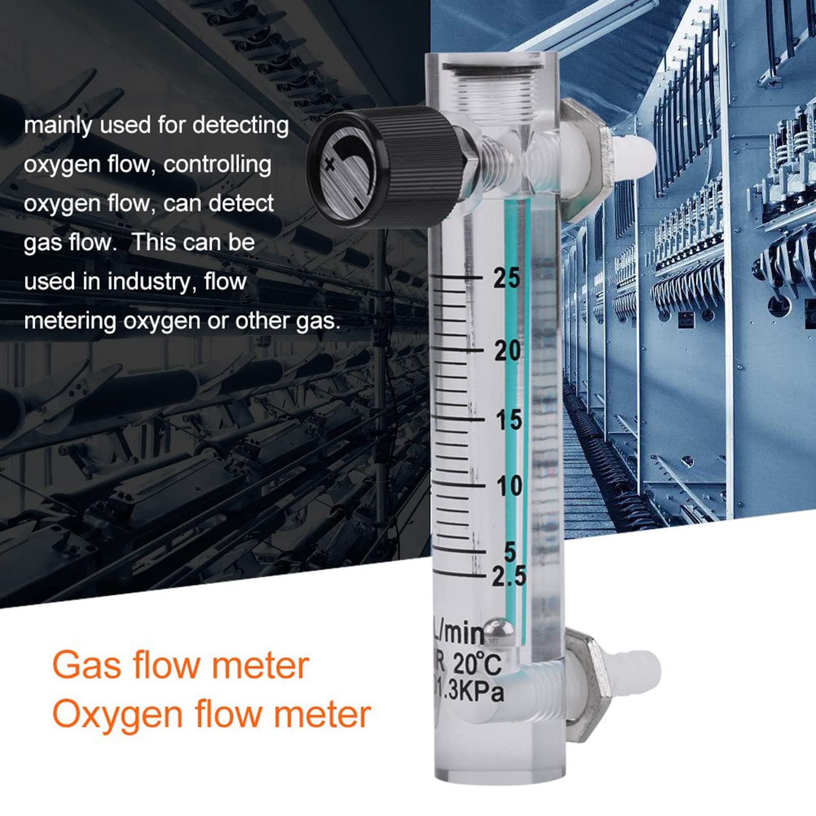 Gas Flowmeter 2.5-25LPM Oxygen Air Meter with Control Valve for Measuring Controlling Gas