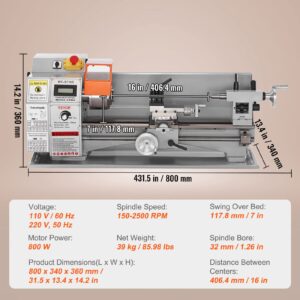 VEVOR Mini Metal Lathe Machine, 7'' x 16'', 800W Precision Benchtop Power Metal Lathe, 150-2500 RPM Continuously Variable Speed, with 3.9'' 3-jaw Metal Chuck Tool Box for Processing Precision Parts