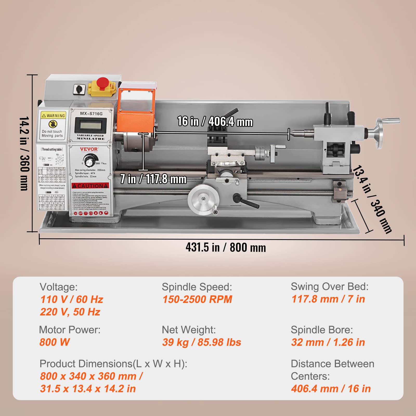 VEVOR Mini Metal Lathe Machine, 7'' x 16'', 800W Precision Benchtop Power Metal Lathe, 150-2500 RPM Continuously Variable Speed, with 3.9'' 3-jaw Metal Chuck Tool Box for Processing Precision Parts