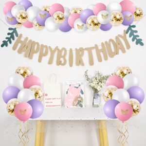 Pink Purple White Latex Balloons with Gold 3D Butterfly, 62pcs 12 Inch Light Pink Purple Gold Confetti Party Balloons with Ribbon for Girl Birthday Baby Shower Decorations (Gold series)