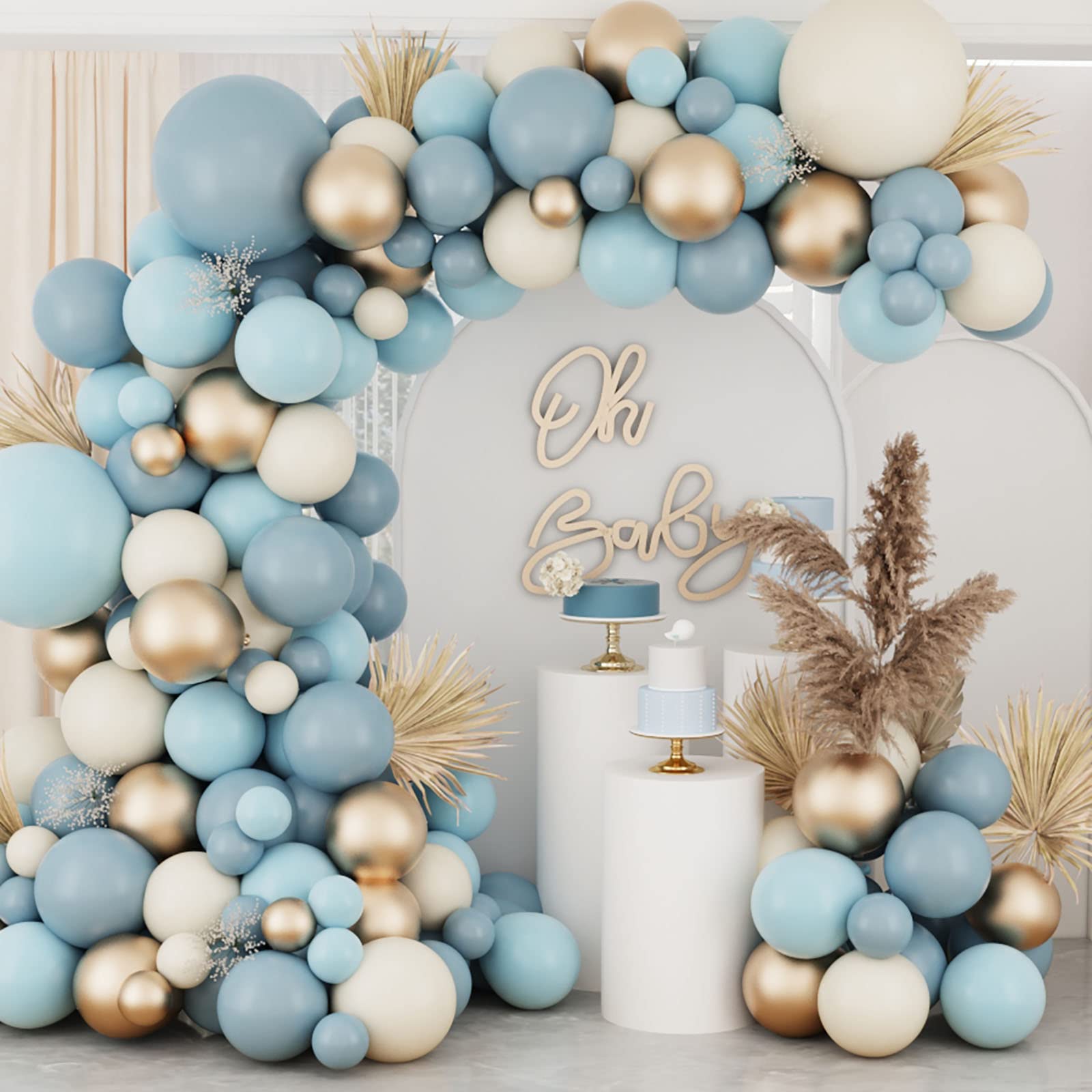 Dusty Baby Blue Balloons Balloon Arch Garland Kit,Sand White Metallic Gold Dusty Slate Fog Baby Blue Balloons for Boy Baby Shower Bridal Shower Birthday Party Decorations for Boy Men