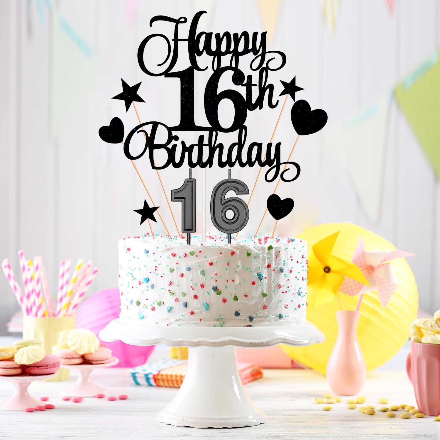 16th Birthday Cake Decorations Set Include 16th Birthday Candles Numeral 16 Cake Candles and Happy 16th Birthday Cake Toppers with Heart Star Cupcake Picks for Birthday Party (Black Series)