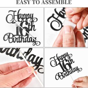 16th Birthday Cake Decorations Set Include 16th Birthday Candles Numeral 16 Cake Candles and Happy 16th Birthday Cake Toppers with Heart Star Cupcake Picks for Birthday Party (Black Series)