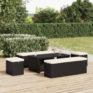 vidaXL Ottomans Set with Cushions - Black Poly Rattan Weather Resistant Outdoor Seating with Powder-Coated Metal Frame and Removable Cushions