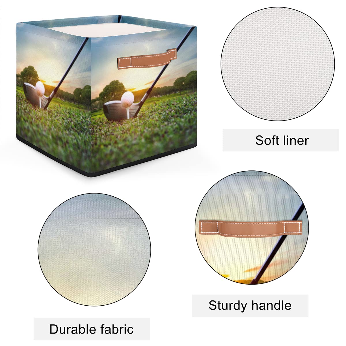 OMFUNS Sport Golf Ball Storage Basket 13x13 Art Painting Collapsible Cube Storage Bin with Handle Fabric Storage Box Organizing for Closet Shelf Home Office Dorm Nursery Toy Basket