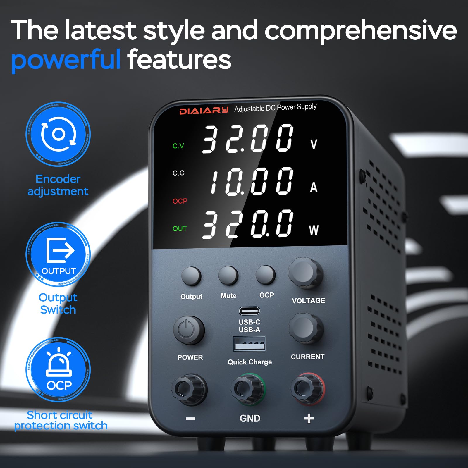 DC Power Supply Variable, 32V 10A Bench Power Supply with Encoder Knob, 4-Digits Display, Adjustable Regulated lab Power Supply with 5V 3.6A USB & Type-C Quick-Charge, Output Switch