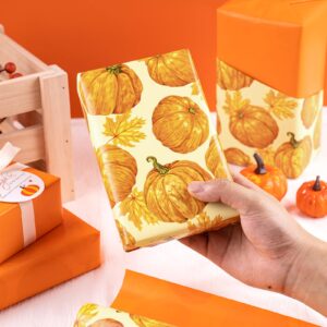 WRAPAHOLIC Reversible Autumn Wrapping Paper - Mini Roll - 17 Inch X 33 Feet - Pumpkin and Maple Leaves Print Design for Birthday, Holiday, Baby Shower