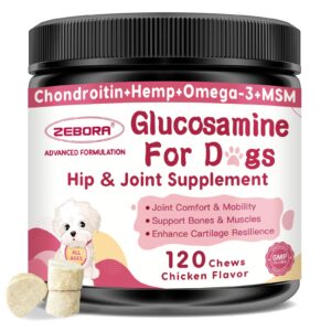 glucosamine for dogs, joint supplement for dogs, chondroitin, msm, hemp, turmeric, omega 3 for pain relief & skin health, dog hip and joint supplement with calcium support bones health - 120 chews