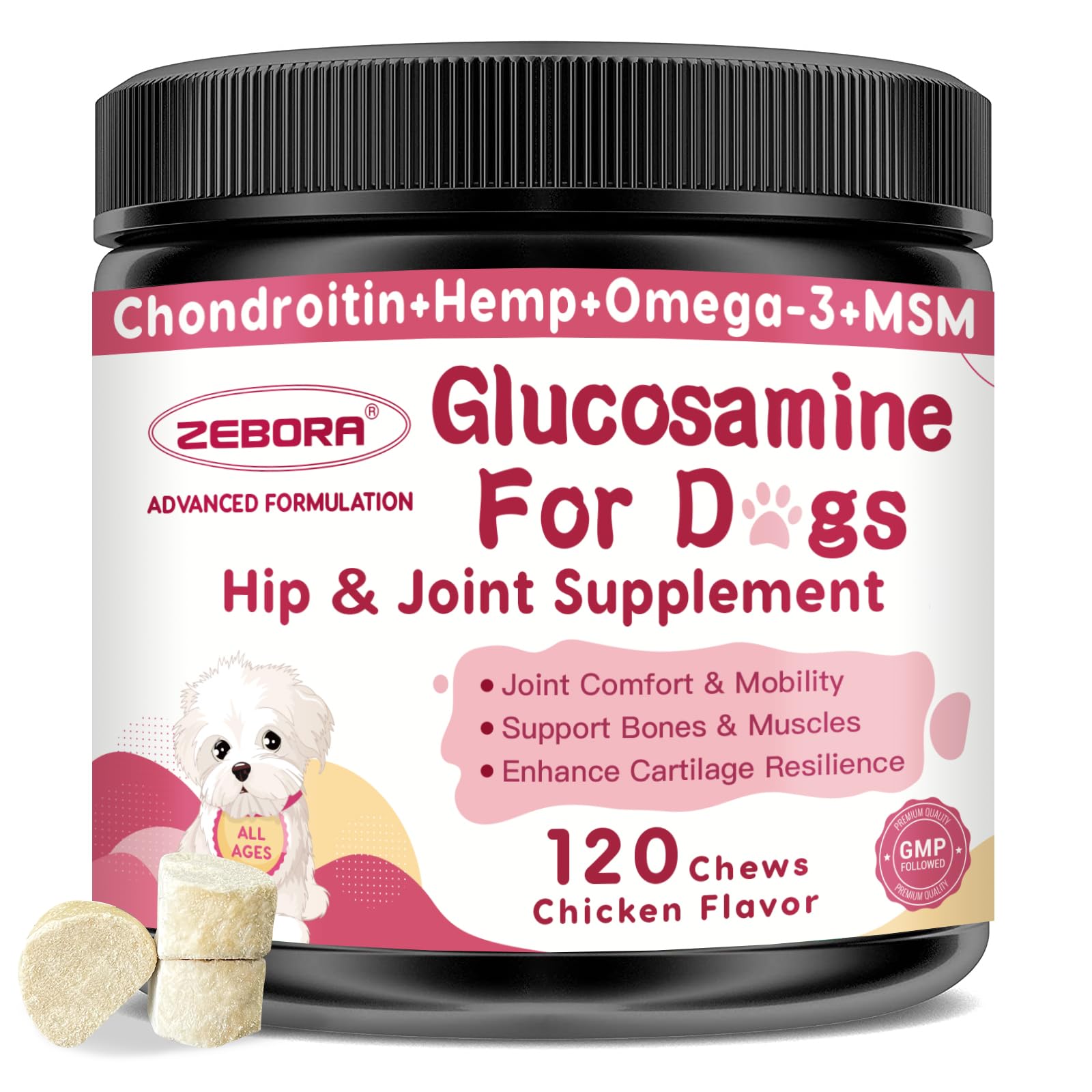 Glucosamine for Dogs, Joint Supplement for Dogs, Chondroitin, MSM, Hemp, Turmeric, Omega 3 for Pain Relief & Skin Health, Dog Hip and Joint Supplement with Calcium Support Bones Health - 120 Chews