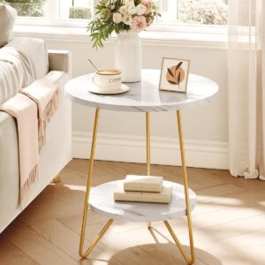 LITTLE TREE 2 Tier Faux Marble End Table Round Side Table with Shelves Small Coffee Accent Table for Living Room, White and Gold