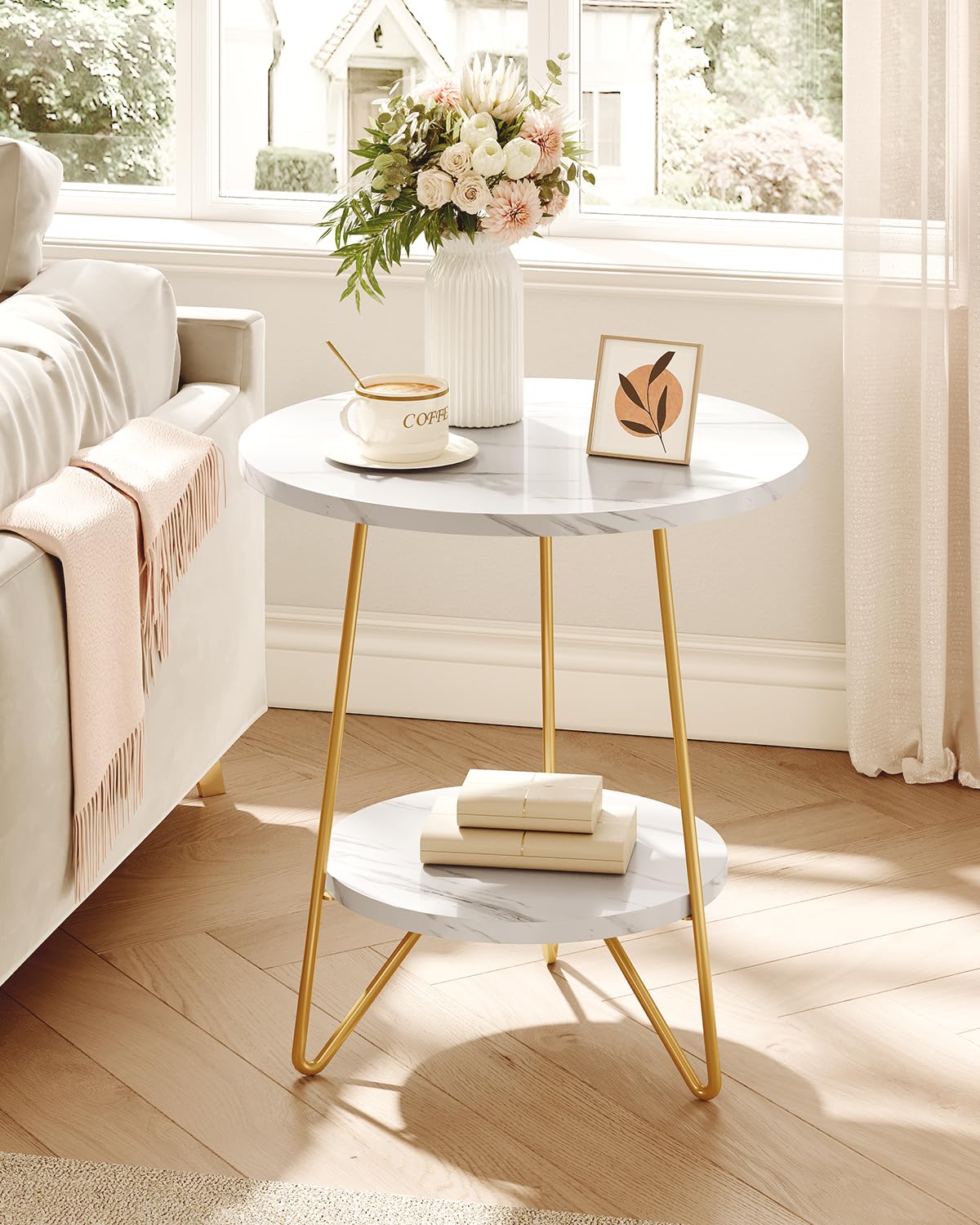 LITTLE TREE 2 Tier Faux Marble End Table Round Side Table with Shelves Small Coffee Accent Table for Living Room, White and Gold