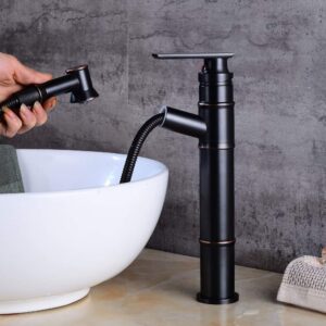 Black Bronze Belt Pull Out Shower Faucet Bath Sink Faucet Basin with High Wash Basin Cold Water Mixer Faucet Single Handle Single-Connected Belt Aerator