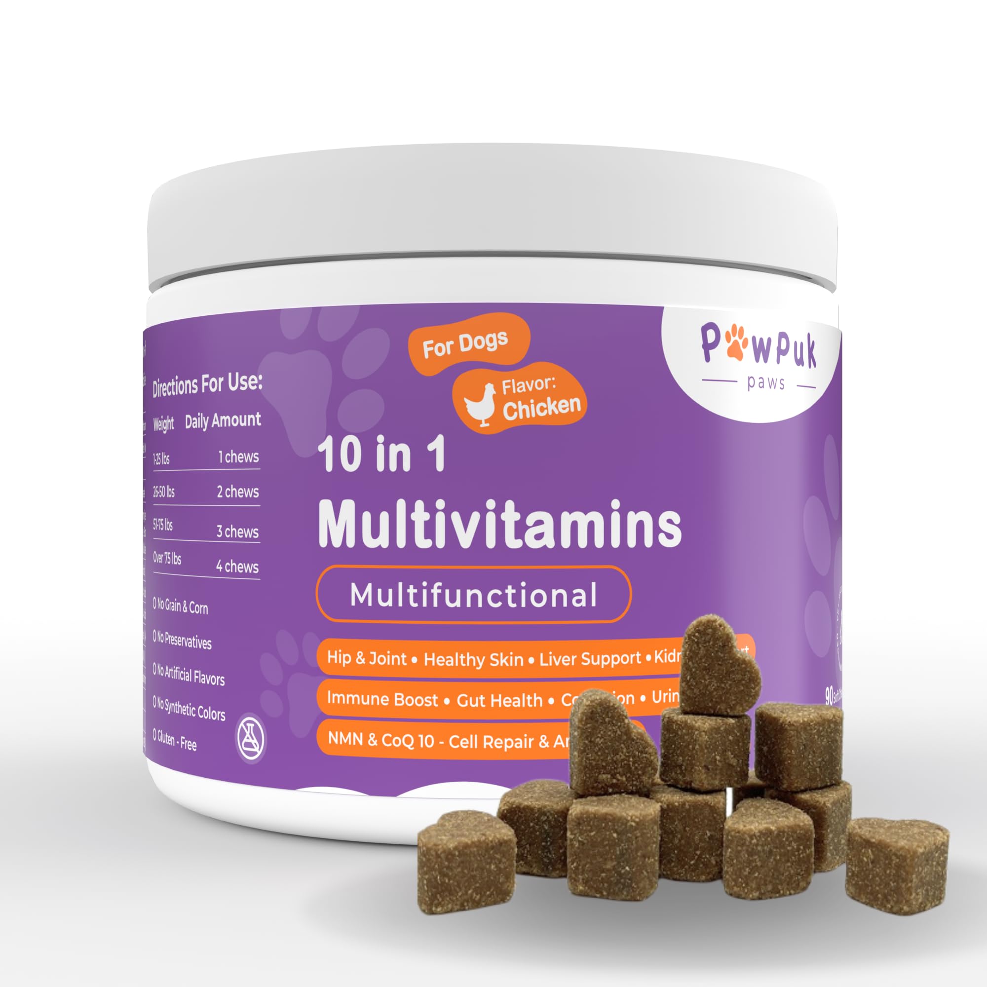 PawPuk Paws Multifunctional Dog Supplements and Vitamins, Silymarin, Green Lipped Mussel, Glucosamine, MSM, Salmon Oil, Probiotics, Co-Q10, NMN, Antioxidant, Immune, Gut, UTI, Radiant Skin & Coat