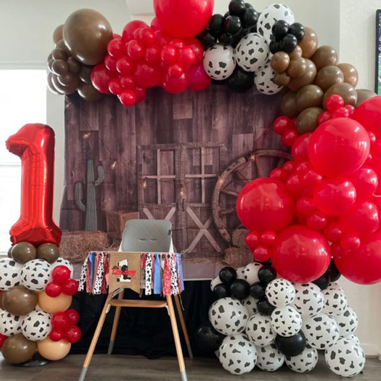 157Pcs First Rodeo Balloon Garland Arch Kit - First Rodeo Party Decorations Backdrop with Black Red Khaki Cow Printed Balloon for CowBoy Themed Party Baby Shower Farm Birthday Party Decorations