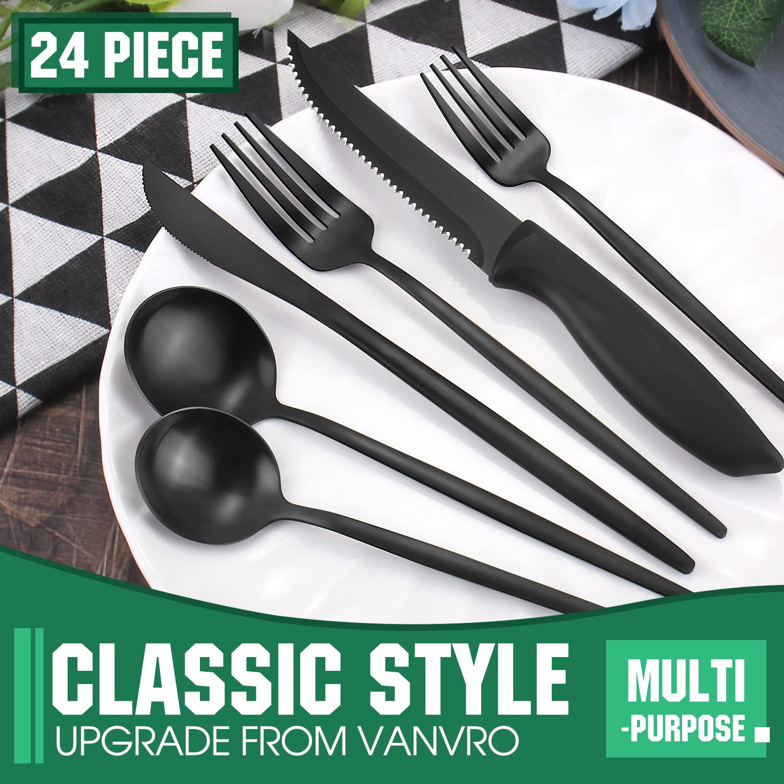 VANVRO 24 Pieces Matte Black Silverware Set with Steak Knives, Satin Finish tableware Cutlery Set, Home and Restaurant, Service for 4, Dishwasher Safe