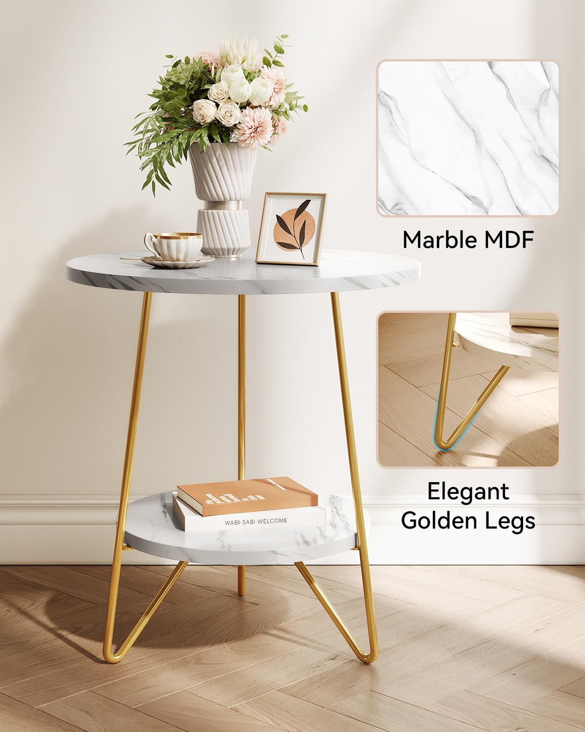 LITTLE TREE 2 Tier Faux Marble End Table Round Side Table with Shelves Small Coffee Accent Table for Living Room, White and Gold