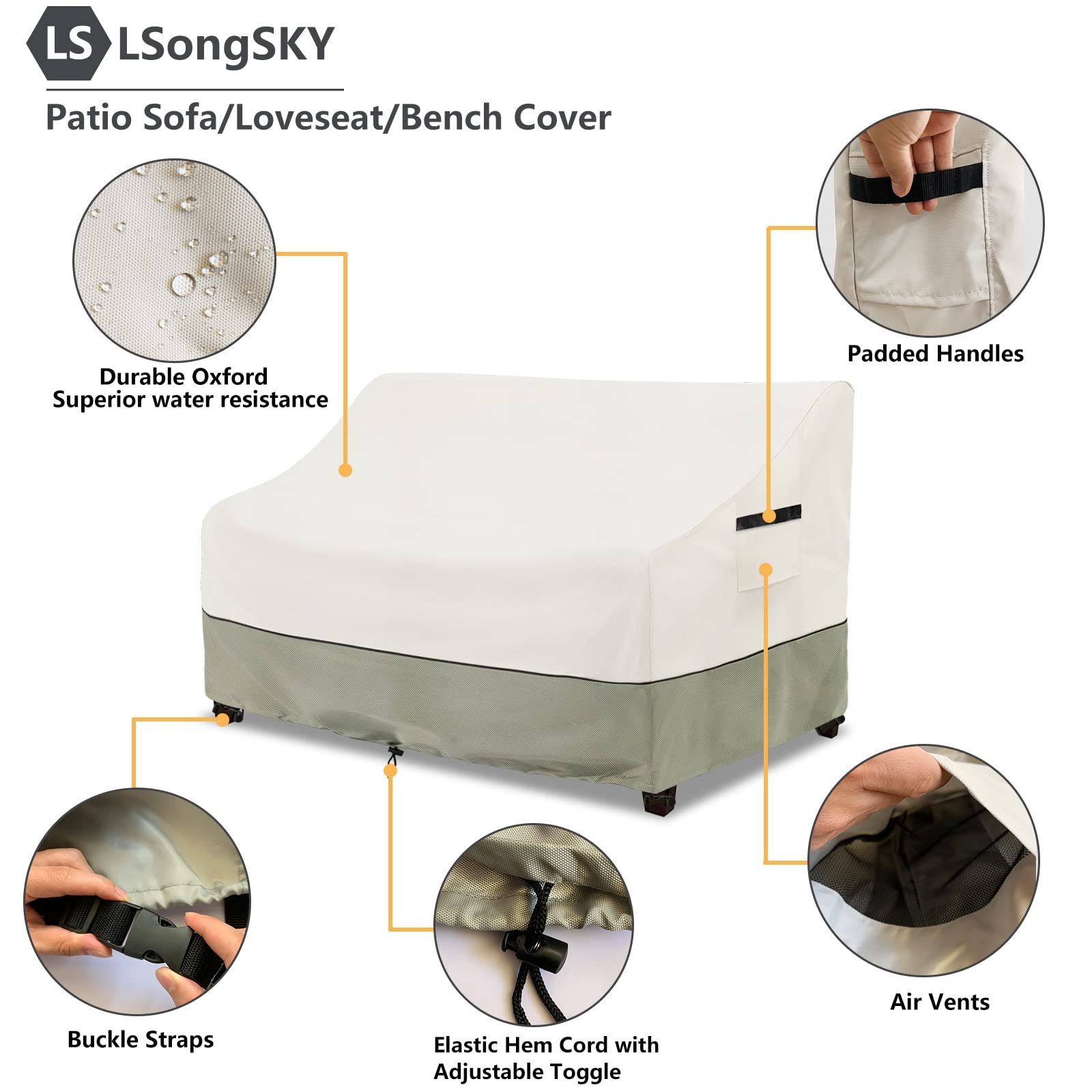 LSongSKY Patio 3-Seater Sofa Cover,Outdoor Couch Cover Fits up to 76W x 32.5D x 33H Inches,100% Waterproof Heavy Duty Patio Furniture Covers,Beige & Gray-Green