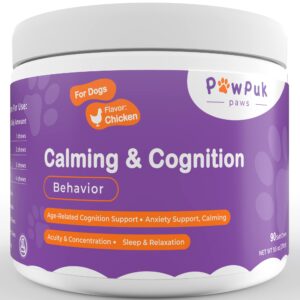 pawpuk paws calming & cognition supplement for dogs, melatonin sam-e nmn & coq10 - cognition supp., valerian root ashwagandha gingo biloba - calming natural ingredients, brain function