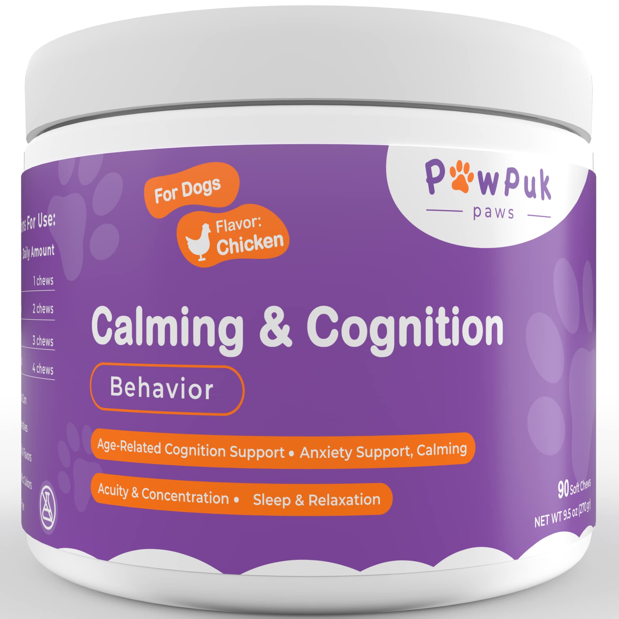 PawPuk Paws Calming & Cognition Supplement for Dogs, Melatonin SAM-E NMN & CoQ10 - Cognition Supp., Valerian Root Ashwagandha Gingo Biloba - Calming Natural Ingredients, Brain Function