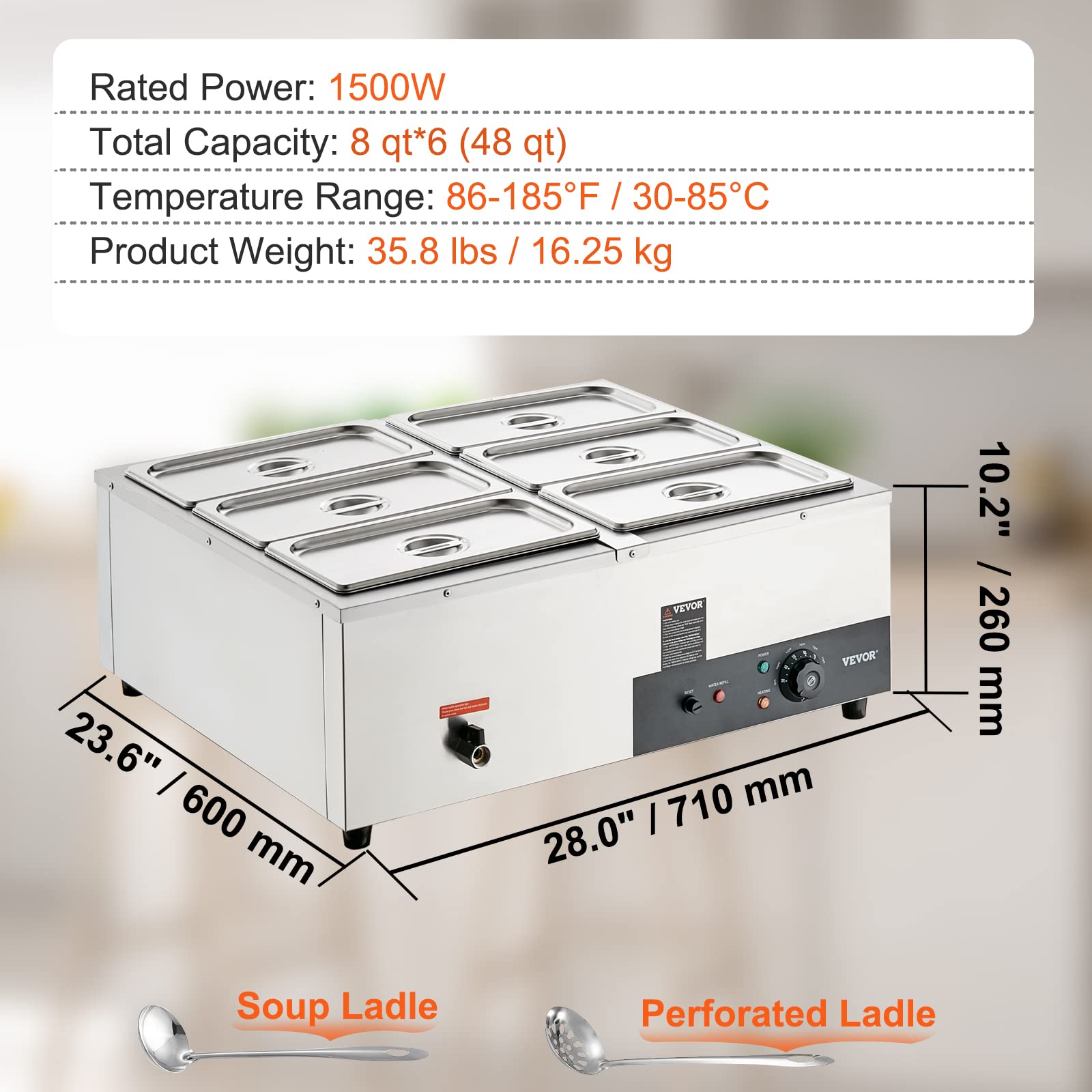 VEVOR 6-Pan Commercial Food Warmer, 6 x 8QT Electric Steam Table, 1500W Professional Countertop Stainless Steel Buffet Bain Marie with 86-185°F Temp Control for Catering and Restaurants,