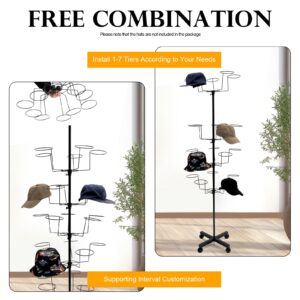 DDBESSIC 7-Tier Rotating Hat Display Rack, 35 Hooks Metal Freestanding Retail Display Stand Commercial Large Headwear Wig Rack Metal Floor Rack for Hats and Wigs (Black)