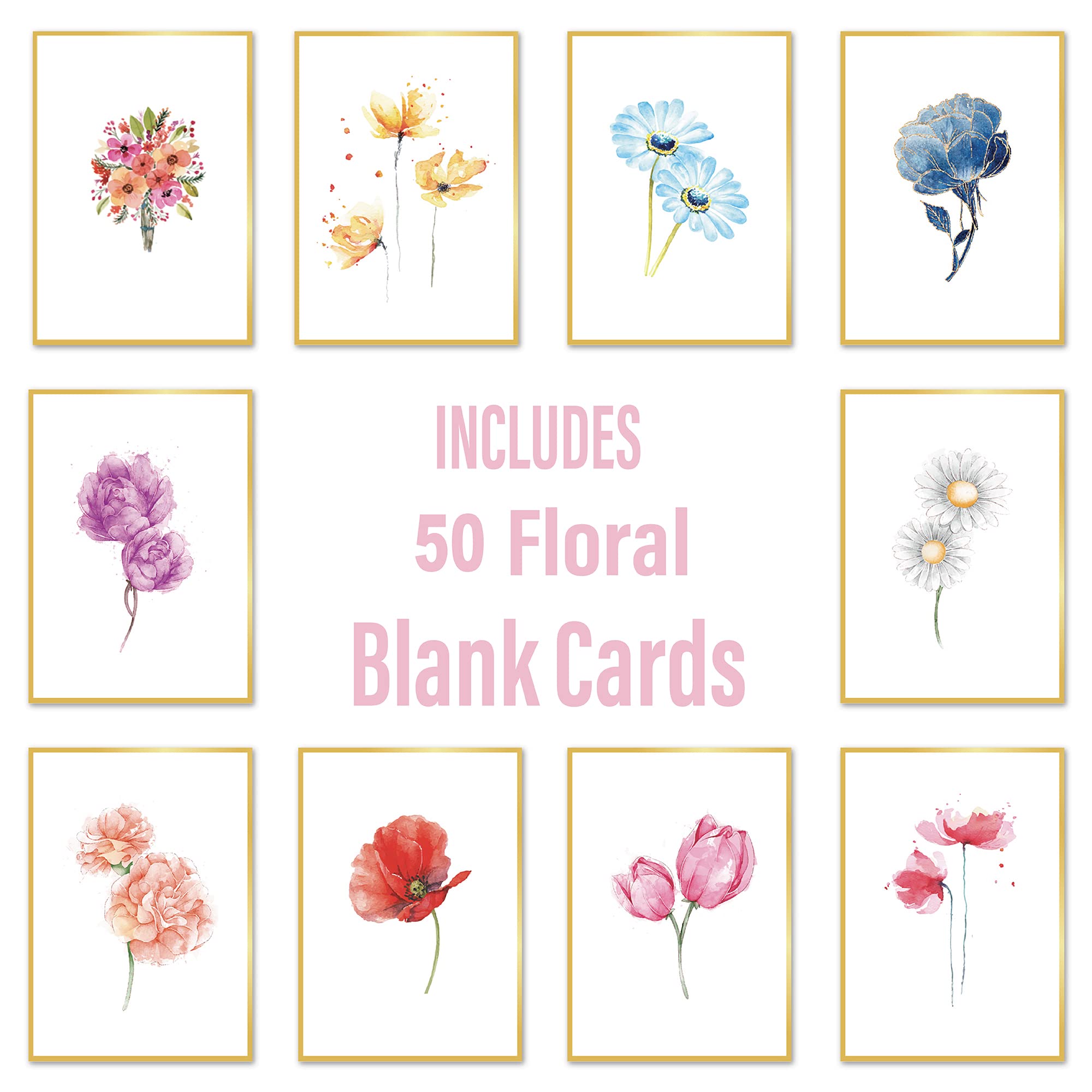 Racrico 50 Blank Note Cards and Envelopes,10 Gold Foil Designs Floral Blank Cards With Color Envelopes And Stickers, 4x6 Blank Note Greeting Cards Sets In Sturdy Bulk Box.