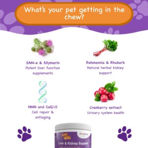 PawPuk Paws Liver & Kidney Vitamins Supplements for Dogs, SAM-E & Silymarin - Liver Function, NMN & CoQ10 - Anti-Aging, Rehmannia & Rhubarb - Natural Herbal Kidney Support, Cranberry - UT Health