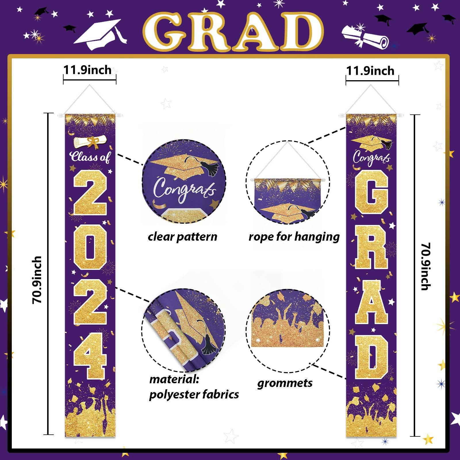 2024 Graduation Party Decorations - Purple Gold Class of 2024 Congrats Grad Banner 2024 Graduation Party Supplies Front Door Cover Porch Sign Banner Wall Backdrop Decor