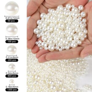 Phinus 1950 Pcs Pearl Beads with Hole, 5 Size Pearls for Crafts, Round Loose Pearl Beads for Jewelry Making, Pearls for Jewelry Making, Decoration, DIY Crafts, Stuffing