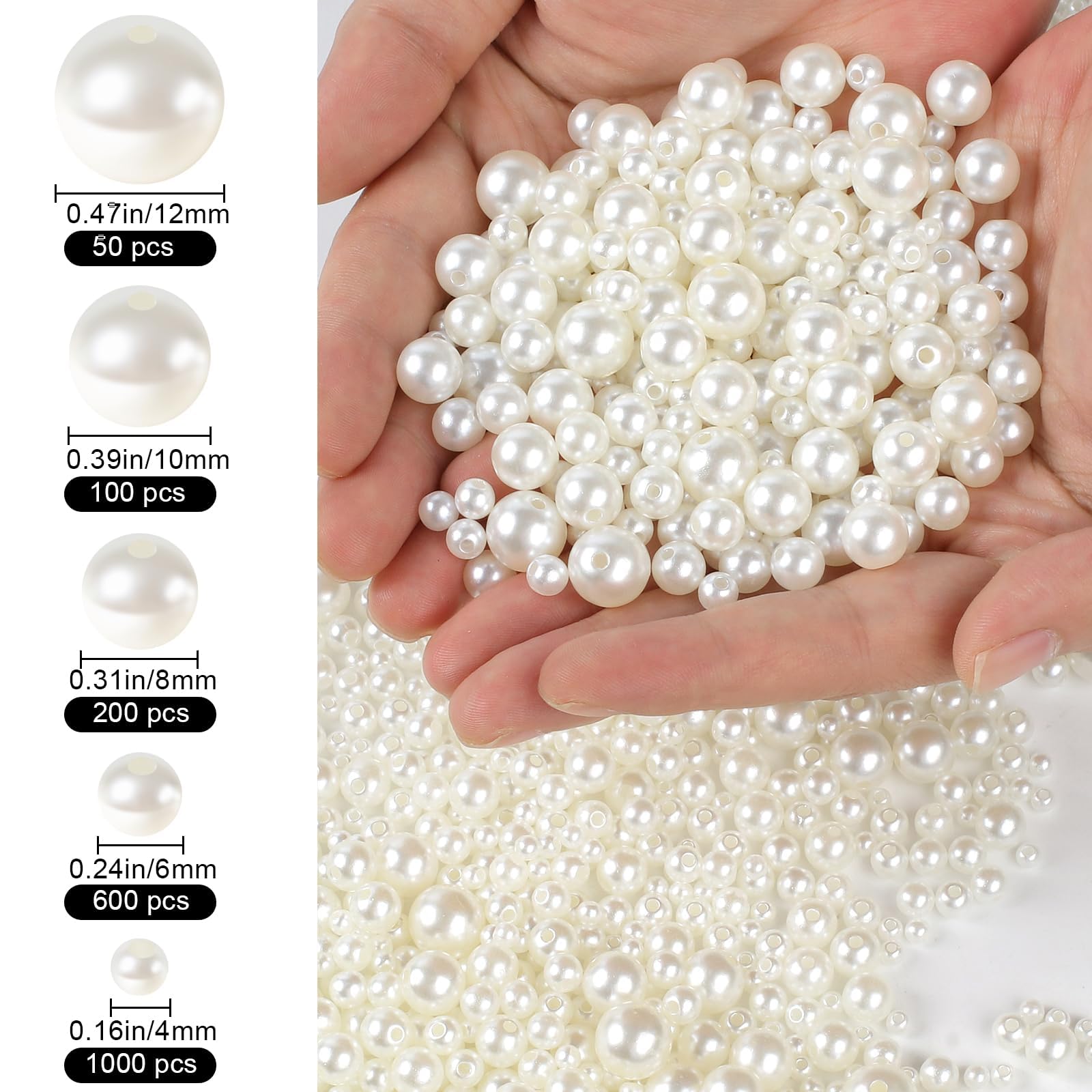 Phinus 1950 Pcs Pearl Beads with Hole, 5 Size Pearls for Crafts, Round Loose Pearl Beads for Jewelry Making, Pearls for Jewelry Making, Decoration, DIY Crafts, Stuffing