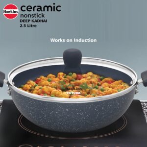 HAWKINS Ceramic Nonstick 2.5 Litre Deep Kadhai, Induction Deep Fry Pan with Glass Lid, Granite Kadai (ICK25G)