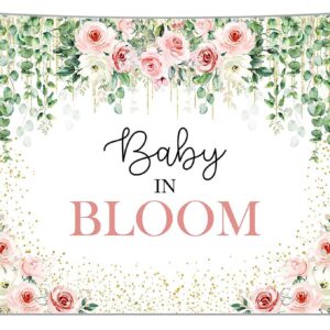 Avezano Baby in Bloom Backdrop Sage Green Leaves with Pink Flowers Baby Shower Party Decorations Baby Girl's Greenery Floral Nature Theme Photography Background Cake Table Banner (6x5ft(72x60in))