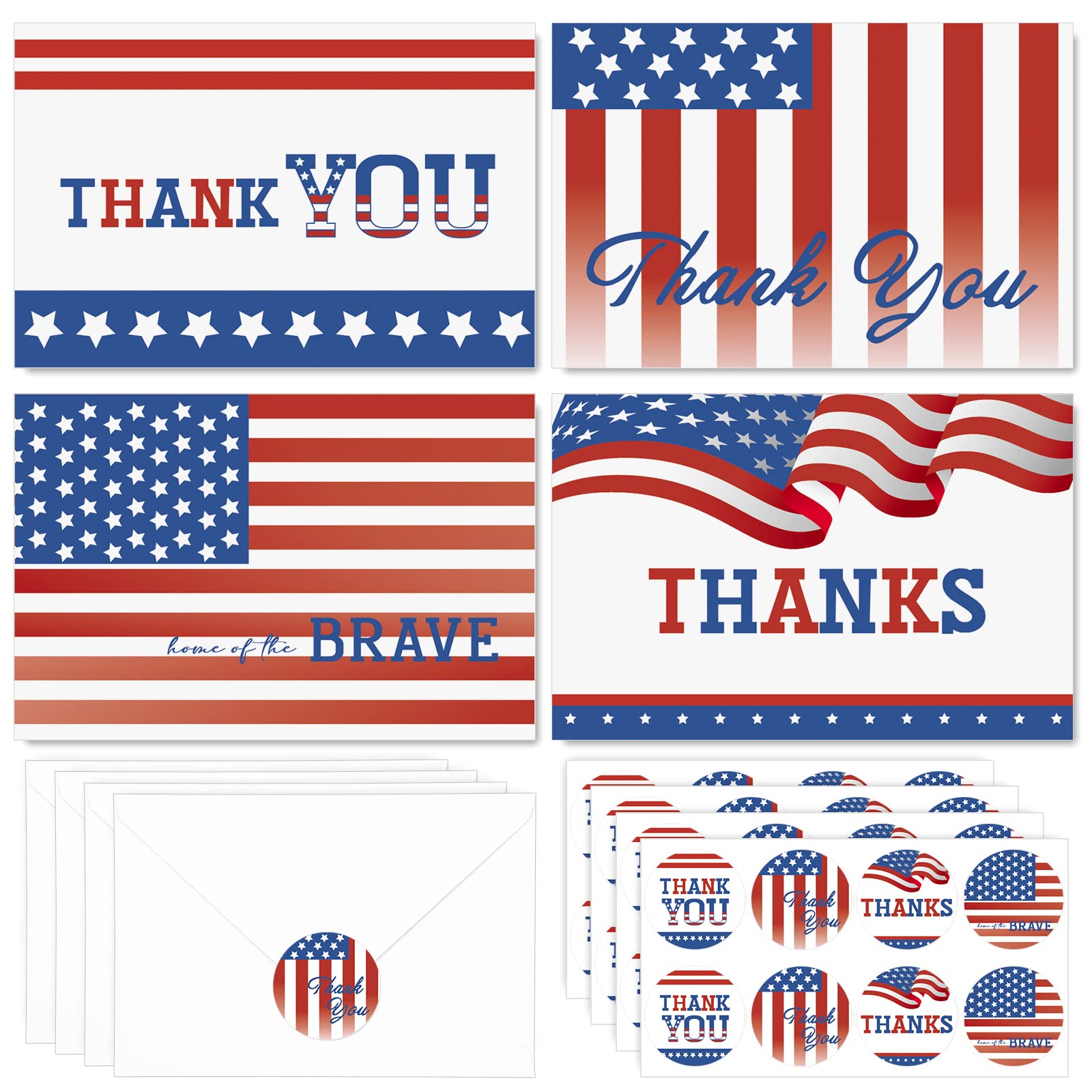 AnyDesign 32 Pack Patriotic Thank You Cards American Flag Stars Stripes Thank You Note Cards with Envelopes Stickers 4th of July Blank Greeting Cards for Independence Day Memorial Day Supplies