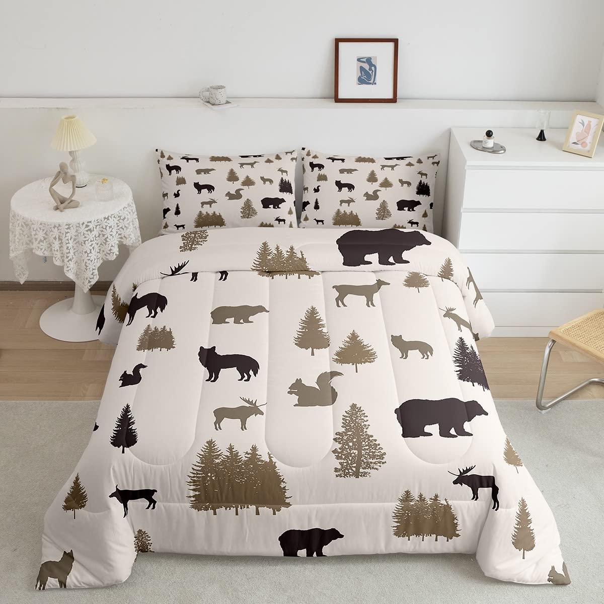 Rustic Bear Comforter Set for Kids Boys Girls Full,Elk Moose Squirrel Wolf Wildlife Printed Bedding Set,Animal Silhouette Farm Style Quilt Set,Grey Woodland Wildlife Duvet Inserti with 2 Pillowcases