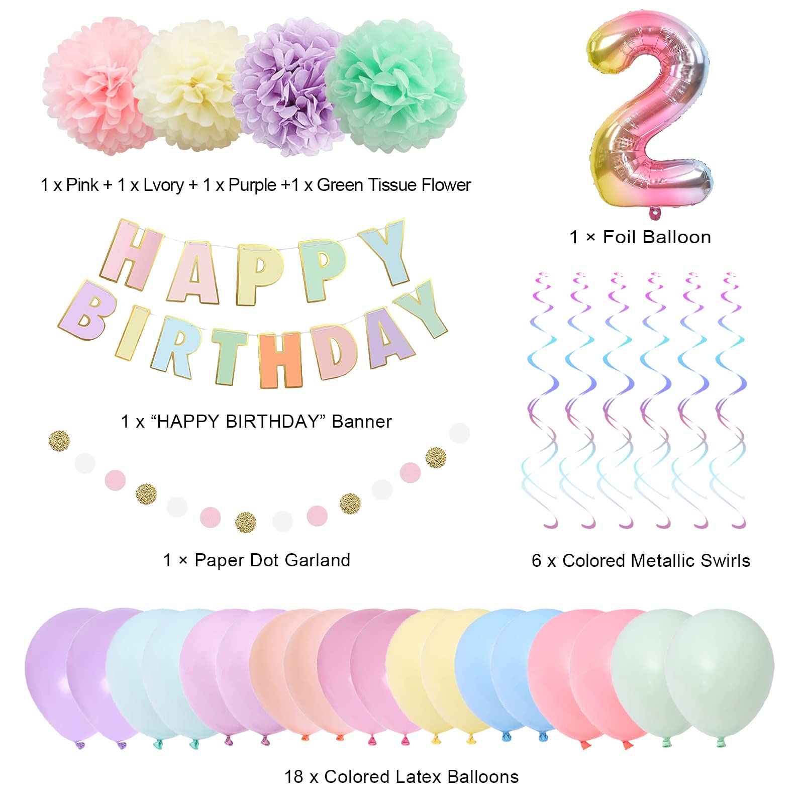 BRT Bearingshui 2th Birthday Decorations, 40 Inch Rainbow Gradient Number 2 Balloon, 2th Birthday Balloon, Happy Birthday Banner, Children’s 2th Birthday Party Supplies for Kids