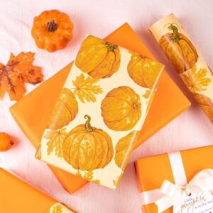 WRAPAHOLIC Reversible Autumn Wrapping Paper - Mini Roll - 17 Inch X 33 Feet - Pumpkin and Maple Leaves Print Design for Birthday, Holiday, Baby Shower